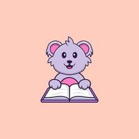 söt koala som läser en bok. djur tecknad koncept isolerad. kan användas för t-shirt, gratulationskort, inbjudningskort eller maskot. platt tecknad stil vektor
