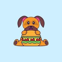süßer Hund, der Burger isst. Tierkarikaturkonzept isoliert. kann für T-Shirt, Grußkarte, Einladungskarte oder Maskottchen verwendet werden. flacher Cartoon-Stil vektor
