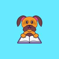 süßer Hund, der ein Buch liest. Tierkarikaturkonzept isoliert. kann für T-Shirt, Grußkarte, Einladungskarte oder Maskottchen verwendet werden. flacher Cartoon-Stil vektor