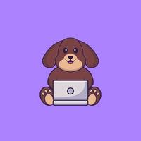 süßer Hund mit Laptop. Tierkarikaturkonzept isoliert. kann für T-Shirt, Grußkarte, Einladungskarte oder Maskottchen verwendet werden. flacher Cartoon-Stil vektor