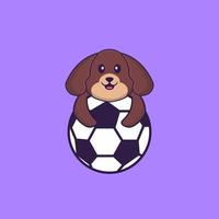 söt hund som spelar fotboll. djur tecknad koncept isolerad. kan användas för t-shirt, gratulationskort, inbjudningskort eller maskot. platt tecknad stil vektor