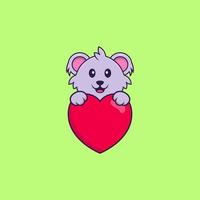 söt koala som håller ett stort rött hjärta. djur tecknad koncept isolerad. kan användas för t-shirt, gratulationskort, inbjudningskort eller maskot. platt tecknad stil vektor