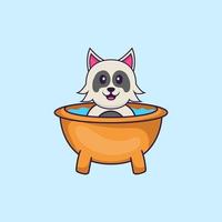 süßer Hund, der ein Bad in der Badewanne nimmt. Tierkarikaturkonzept isoliert. kann für T-Shirt, Grußkarte, Einladungskarte oder Maskottchen verwendet werden. flacher Cartoon-Stil vektor