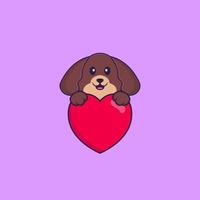 süßer Hund, der ein großes rotes Herz hält. Tierkarikaturkonzept isoliert. kann für T-Shirt, Grußkarte, Einladungskarte oder Maskottchen verwendet werden. flacher Cartoon-Stil vektor