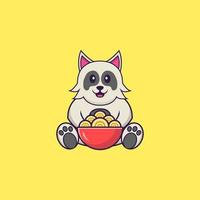 söt hund som äter ramen nudlar. djur tecknad koncept isolerad. kan användas för t-shirt, gratulationskort, inbjudningskort eller maskot. platt tecknad stil vektor