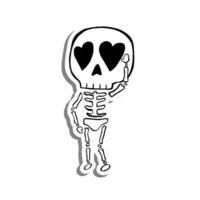 söt tecknad serie skelett i kärlek på vit silhuett och grå skugga. vektor illustration handla om halloween.