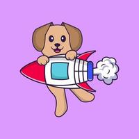 süßer Hund, der auf Rakete fliegt. Tierkarikaturkonzept isoliert. kann für T-Shirt, Grußkarte, Einladungskarte oder Maskottchen verwendet werden. flacher Cartoon-Stil vektor