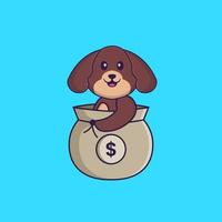 söt hund i en pengarpåse. djur tecknad koncept isolerad. kan användas för t-shirt, gratulationskort, inbjudningskort eller maskot. platt tecknad stil vektor