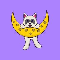 süßer Hund ist auf dem Mond. Tierkarikaturkonzept isoliert. kann für T-Shirt, Grußkarte, Einladungskarte oder Maskottchen verwendet werden. flacher Cartoon-Stil vektor