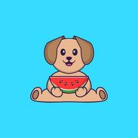 süßer Hund, der Wassermelone isst. Tierkarikaturkonzept isoliert. kann für T-Shirt, Grußkarte, Einladungskarte oder Maskottchen verwendet werden. flacher Cartoon-Stil vektor
