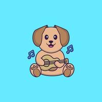 süßer Hund, der Gitarre spielt. Tierkarikaturkonzept isoliert. kann für T-Shirt, Grußkarte, Einladungskarte oder Maskottchen verwendet werden. flacher Cartoon-Stil vektor