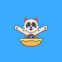 söt hund med födelsedagstårta. djur tecknad koncept isolerad. kan användas för t-shirt, gratulationskort, inbjudningskort eller maskot. platt tecknad stil vektor