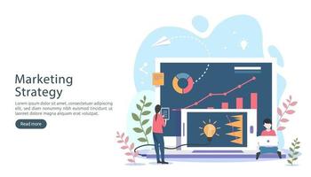 digital marknadsföringsstrategikoncept med små människor karaktär, bord, grafiskt objekt på datorskärmen. online sociala medier marknadsföring modern platt design för målsida och mobil webbplats mall vektor