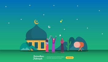 Happy Ramadan Mubarak Grußkonzept mit Menschencharakter für Web-Landing-Page-Vorlage, Banner, Präsentation, soziale und Printmedien. islamische eid fitr oder adha flache design-vektorillustration. vektor