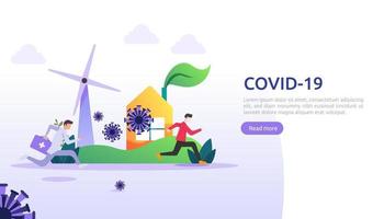 Bleiben Sie zu Hause oder in sozialer Distanz, um das Illustrationskonzept des Covid-19-Coronavirus zu bekämpfen. Menschen laufen vor dem Coronavirus 2019-ncov-Impfstoff. Web-Landing-Page-Vorlage, Präsentation, Social, Poster, Printmedien vektor