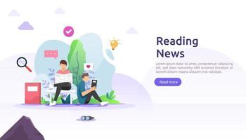 Lesen von Zeitungen und Online-Nachrichtenmedien auf dem Smartphone-Konzept mit Menschencharakter. Flache Illustrationsvorlage für Web-Landingpage, Banner, Präsentation, Social, Poster, Werbung oder Printmedien vektor