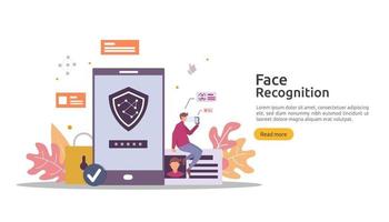 Datensicherheitsdesign für die Gesichtserkennung. biometrisches identifikationssystem für gesichtserkennung auf dem smartphone. Web-Landing-Page-Vorlage, Banner, Präsentation, Social, Poster, Anzeige, Promotion oder Printmedien. vektor