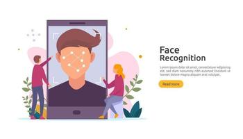 ansiktsigenkänning datasäkerhetsdesign. ansikts biometriska identifieringssystem skanning på smartphone. webbsidans mall, banner, presentation, social, affisch, annons, marknadsföring eller tryckta medier. vektor