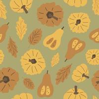 handgezeichnete Herbst Eichenlaub, Kürbisse nahtlose Muster. Vektor-Halloween-Illustration von pastellgelben, braunen Elementen auf grünem Hintergrund, flacher Stil vektor