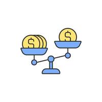 Geld skaliert RGB-Farbsymbol. Lohnlücke. ungleiche Bezahlung. negative Auswirkung auf das Ergebnis. isolierte Vektor-Illustration. wirtschaftliche Ungleichheit. Rasse, geschlechtsspezifische Einkommensunterschiede einfache gefüllte Strichzeichnung vektor