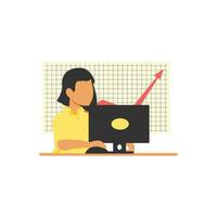Geschäftsfrau Arbeiten auf Computer im Büro. Vektor Illustration im eben Stil
