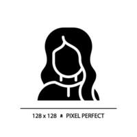 2d Pixel perfekt Frau mit wellig Frisur Glyphe Stil Symbol, isoliert Vektor, Haarpflege einfach schwarz Silhouette Illustration. vektor
