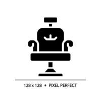 2d Pixel perfekt Salon Stuhl Glyphe Stil Symbol, isoliert Vektor, Haarpflege einfach schwarz Silhouette Illustration. vektor