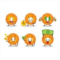 Orange Sahne Krapfen Karikatur Charakter mit süß Emoticon bringen Geld vektor