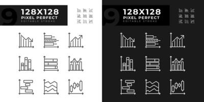 Trend Diagramme linear Symbole einstellen zum dunkel, Licht Modus. finanziell Planung. Daten Analyse. Investition Management. dünn Linie Symbole zum Nacht, Tag Thema. isoliert Illustrationen. editierbar Schlaganfall vektor