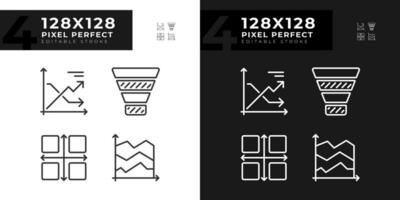 Marketing Diagramme linear Symbole einstellen zum dunkel, Licht Modus. Der Umsatz Analyse. Sozial Medien. Prozess Verbesserung. dünn Linie Symbole zum Nacht, Tag Thema. isoliert Illustrationen. editierbar Schlaganfall vektor