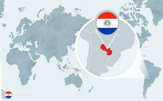 pacific centrerad värld Karta med förstorade paraguay. flagga och Karta av paraguay. vektor