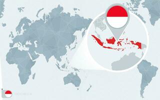 pacific centrerad värld Karta med förstorade Indonesien. flagga och Karta av Indonesien. vektor