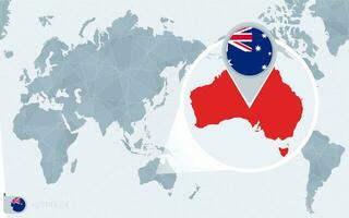 pacific centrerad värld Karta med förstorade Australien. flagga och Karta av Australien. vektor