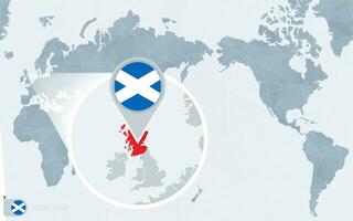 pacific centrerad värld Karta med förstorade Skottland. flagga och Karta av Skottland. vektor