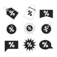 rabatt handla svart och vit 2d linje tecknad serie pris taggar bunt. köpa procent isolerat vektor översikt klistermärken försäljning Semester. procentsats enfärgad platt fläck illustration uppsättning, detaljhandeln befordran etiketter