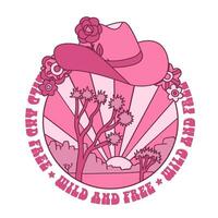 Rosa Cowgirl Hut Szene Über ein Wüste Joshua Baum im das Hintergrund. wild Westen Kunstwerk Design, Vektor Illustration zum T-Shirt Design, Drucken, Poster, wild Westen Stil, amerikanisch Western.