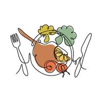 middag i linje konst stil. förenklad bild av italiensk maträtt. beredd nötkött kött, tomat, citron, broccoli på en tallrik, översikt vektor illustration.