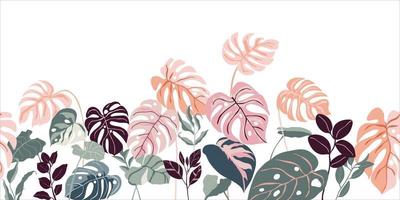 Tropenwald-Art-Deco-Tapete. Blumenmuster mit exotischen Blumen und Blättern, geteilte Philodendron-Pflanze, Monstera-Pflanze, Dschungelpflanzen-Linienkunst auf trendigem Hintergrund. Vektor-Illustration. vektor