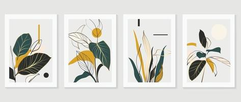 abstrakte Kunst tropische Blätter Hintergrund Vektor. Wandkunstdesign mit Aquarellkunsttextur aus Blumen- und Palmblättern vektor