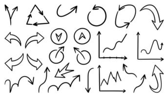 Hand gezeichnete Pfeilvektorikonen eingestellt. Skizzenpfeildesign für Geschäftsplan und Bildung. vektor