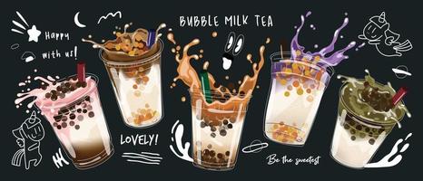 Bubble Milk Tea Design Collection, Perlenmilchtee, Boba Milchtee, leckere Getränke, Kaffee mit Doodle-Stil-Banner, Vektorgrafik.