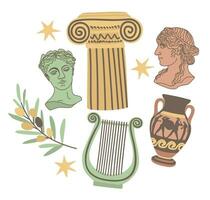 antik samling. statyer, vas, kolumn, oliver, harpa. vektor illustration