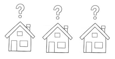tecknad vektorillustration av tre hus med frågetecken vektor