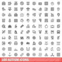 100 autism ikoner uppsättning, översikt stil vektor