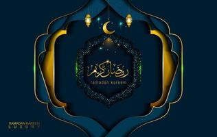 ramadan kareem i lyxig stil med arabisk kalligrafi. lyxig gyllene mandala på mörkblå bakgrund för ramadan mubarak vektor