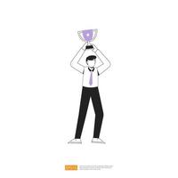 affärsman eller ung man arbetare karaktär fira framgång pose med cup trofé på hand gest i platt stil isolerad vektorillustration vektor