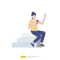 Frau mit Handy-SMS, die auf der Treppe sitzt. Mädchen hält Smartphone in der Hand. weibliche Figur, die auf mobilen Geräten in sozialen Medien chillt und surft flache vektorillustration der karikatur vektor