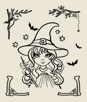 halloween söt häxa. svart och vit vektor illustration för färg bok