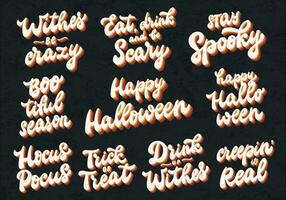 uppsättning av 10 halloween häftig citat isolerat på svart texturerad bakgrund för klistermärken, grafik, kort, sublimering, inbjudningar, banderoller, etc. eps 10 vektor