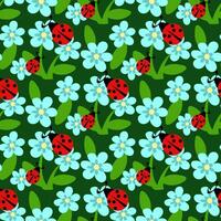 nahtlos Hintergrund von ein Blühen Sommer- Wiese mit Blau Blumen und ein rot Marienkäfer auf ein Grün Hintergrund. Gemüse Hintergrund mit ein Insekt zum Hintergrund, Drucken. Kinder- Vektor Illustration